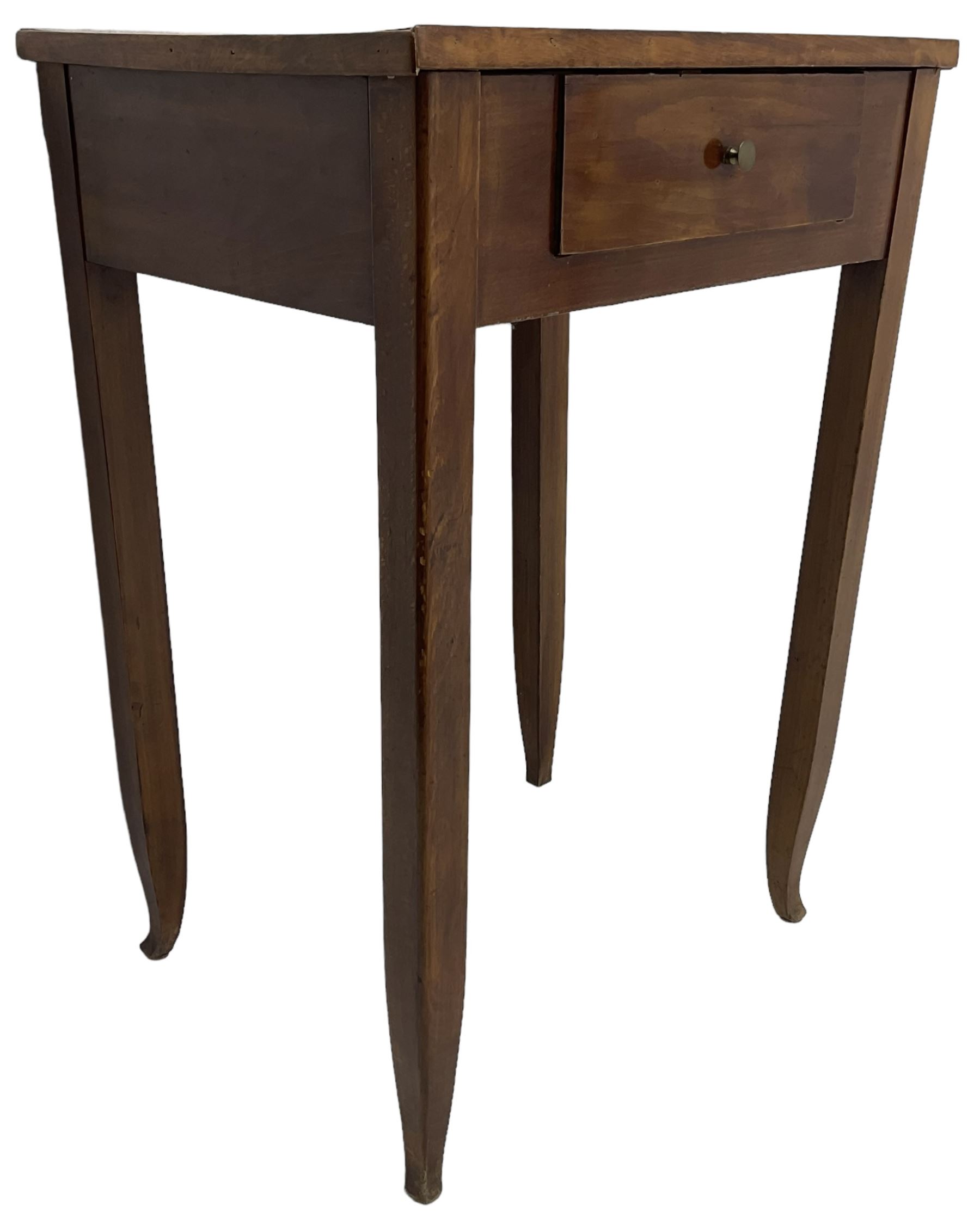 19th century Biedermeier design maple and beech side table, figured book-matched maple veneer top over single drawer, on square tapering supports terminating to pointed feet