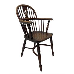 19th century yew wood and elm Windsor armchair, low double hoop stick and pierced splat back, dished seat on turned supports united by crinoline stretchers