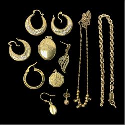 9ct gold jewellery, including beaded necklace, locket, hoop earrings, bracelet, etc 