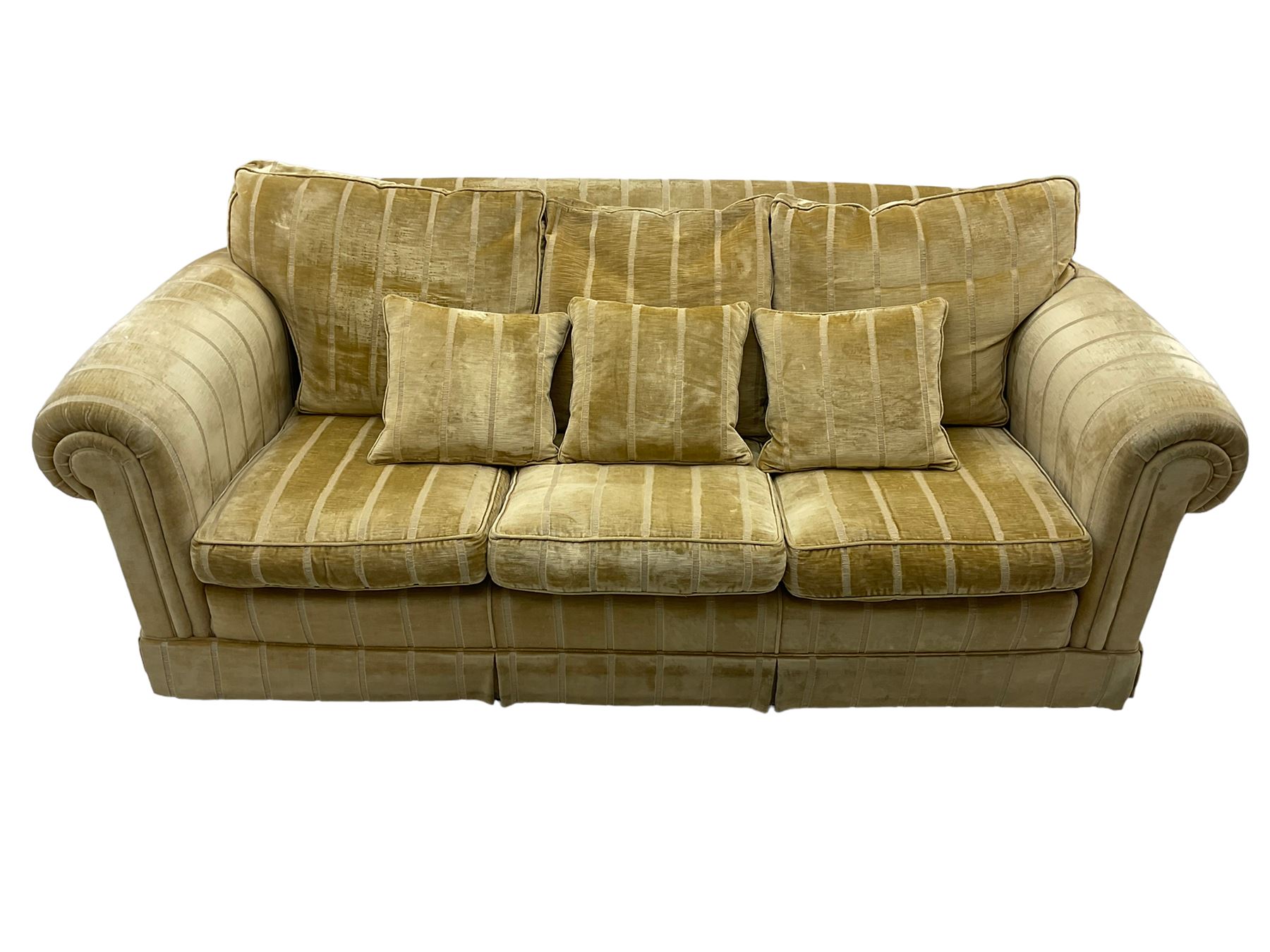 Duresta England - three-seat sofa, upholstered in pale gold fabric, traditional shape with rolled arms