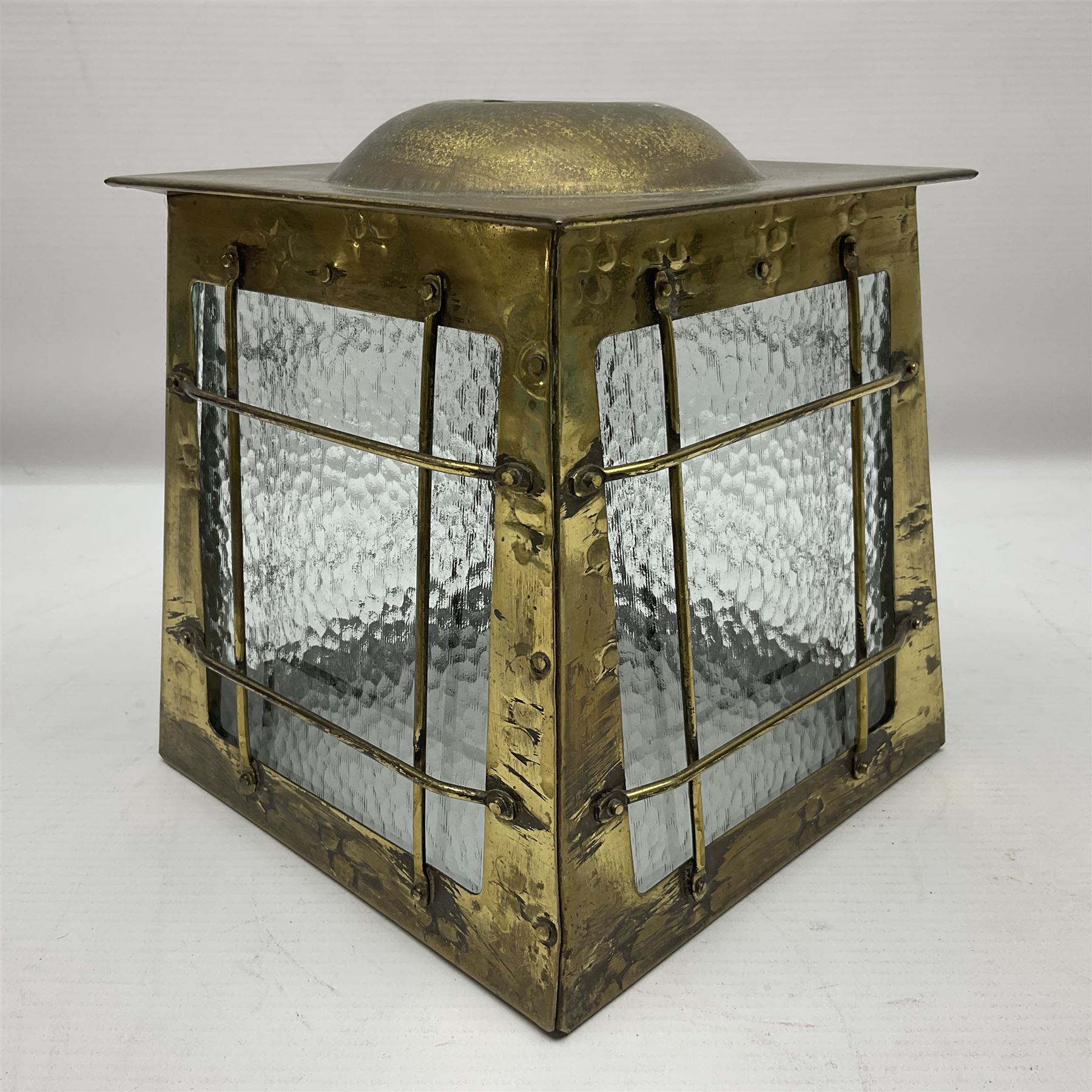 Arts & Crafts style brass porchlight/lantern shade, of square tapering form, with four mottled glass panels, H17cm