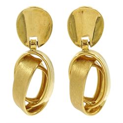 Pair of 18ct gold brushed and polished fancy hoop pendant stud earrings, stamped 750