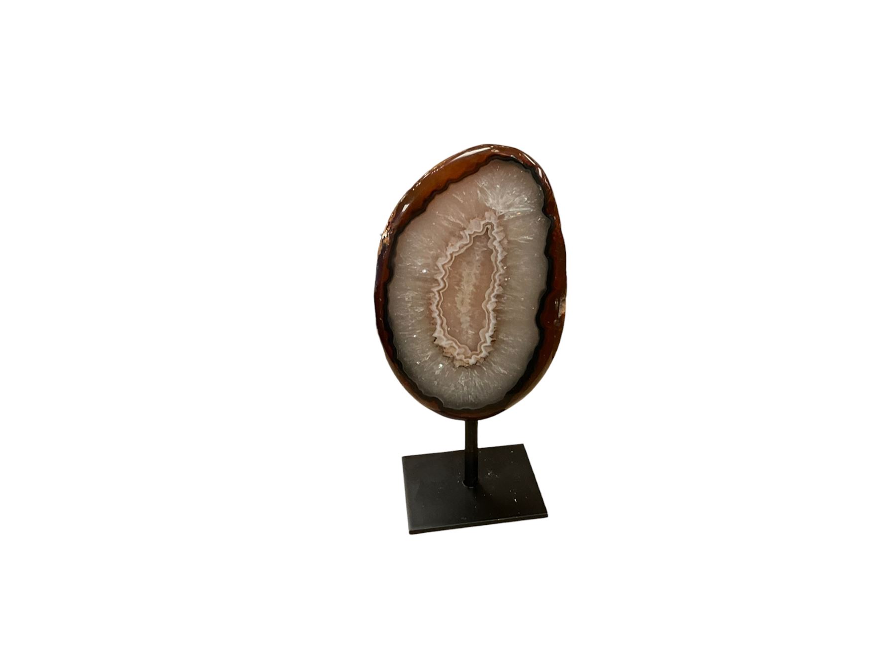 Agate crystal slice, raised on a black metal stand, H16cm