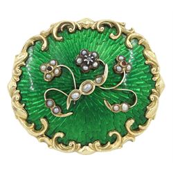 19th century 9ct gold green guilloche enamel and seed pearl brooch, decorated with a floral spray set with seed pearls, garnets and a diamond, with glazed locket back containing woven hair