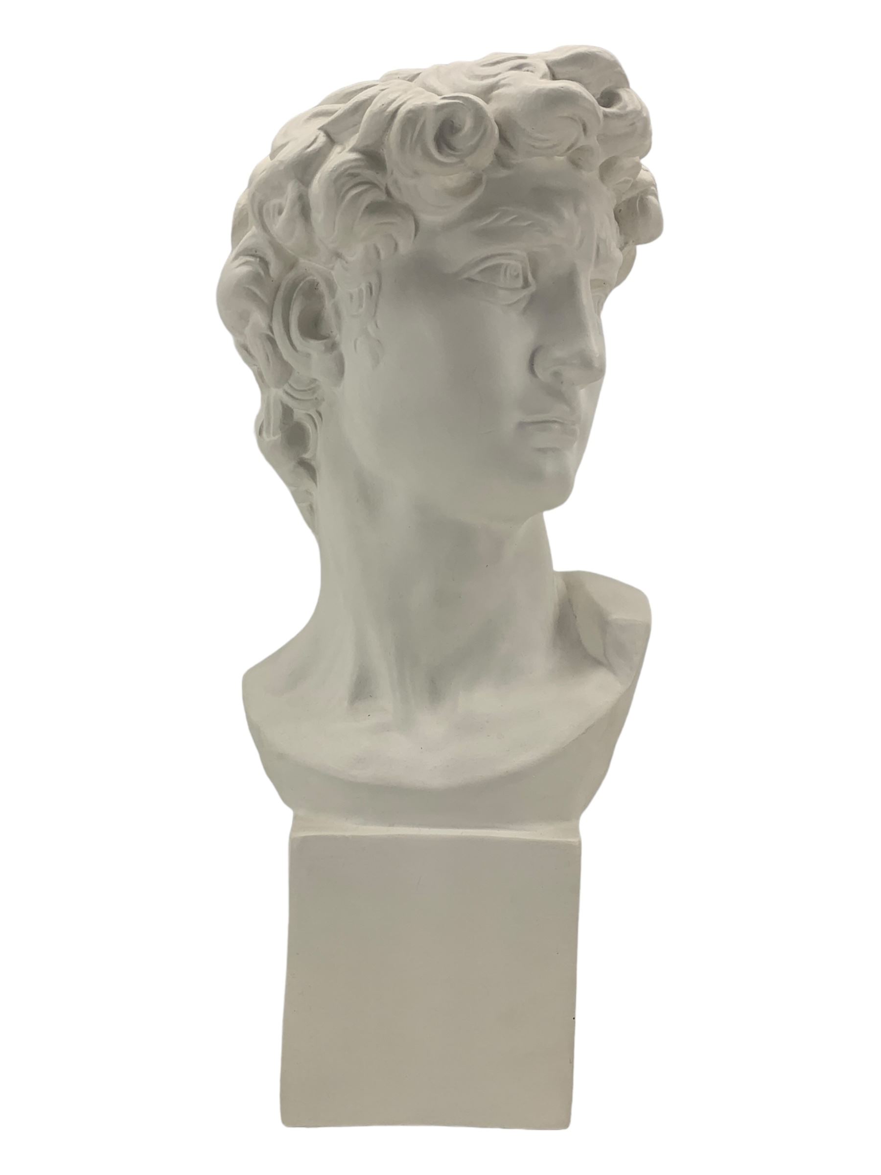 Large plaster bust depicting David, on integral square plinth, H61cm 