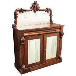 19th century rosewood Chiffonier raised mirror back, single frieze drawer above two doors with pleated fabric panels, plinth base, W108cm, H91cm, D42cm