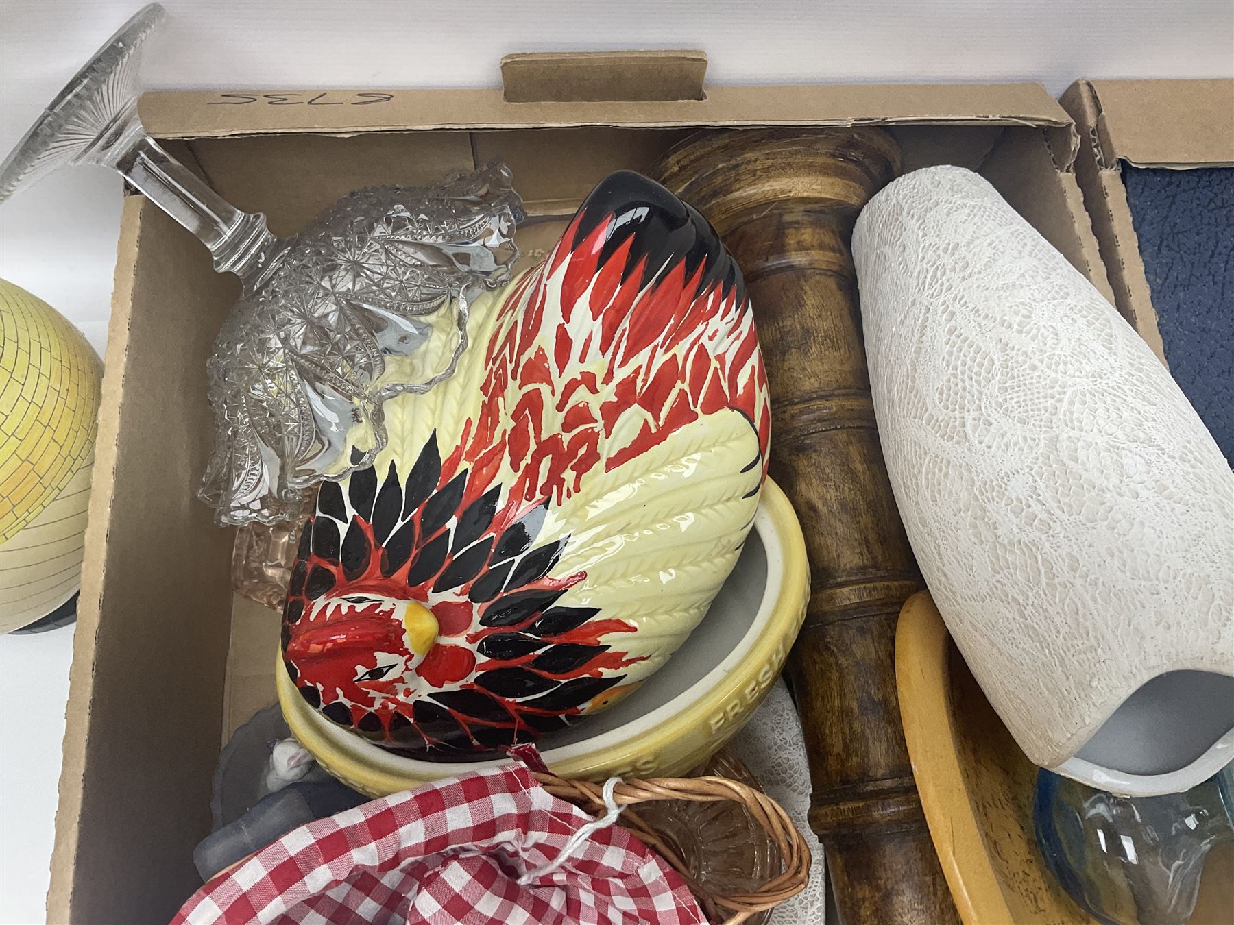 Hen on basket, together with glass vases and bowls, composite figures and other collectables, in four boxes  