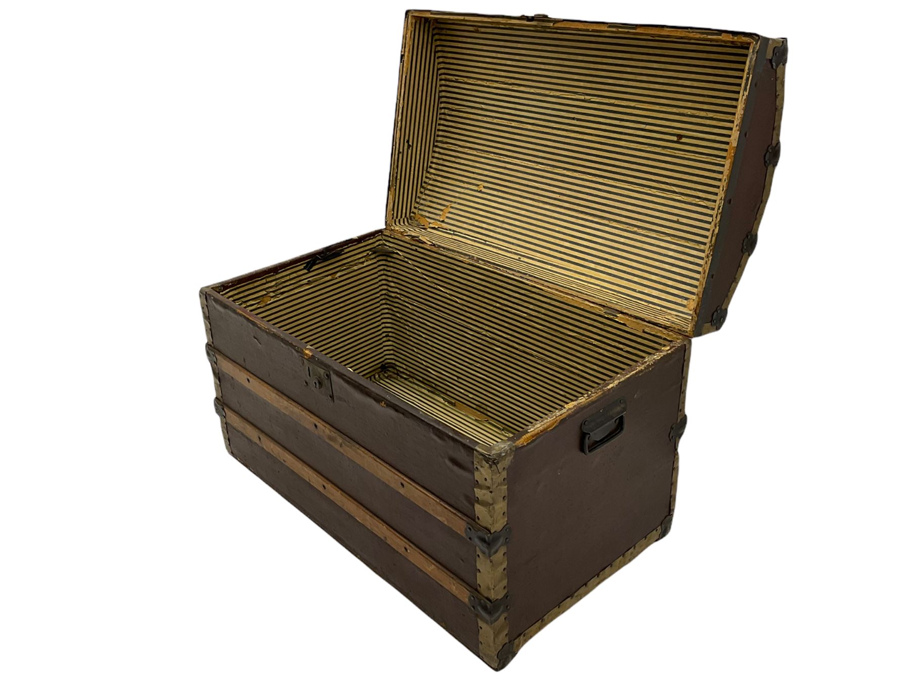 Early to mid 20th century wood and metal bound trunk, with hinged dome lid