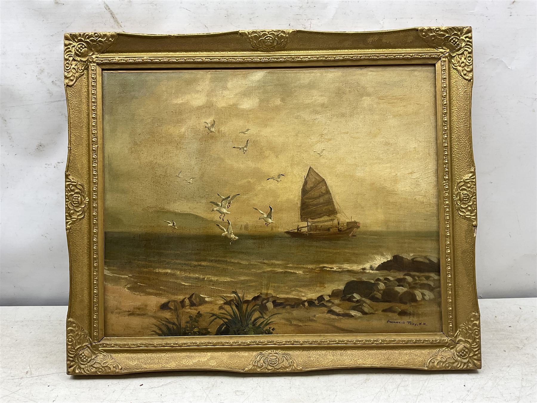 Francis Tsoy (Chinese 20th Century): Junk Boat and Seagulls, oil on canvas signed 40cm x 49cm 