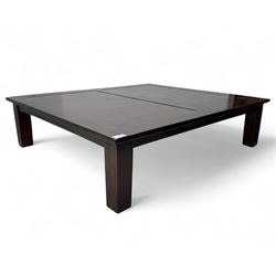 Large rectangular mahogany coffee table, broad border framing the panelled top, raised on ...