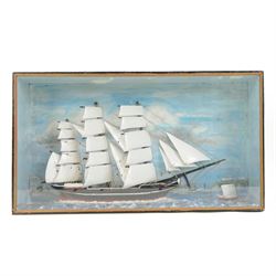 19th century half block ship diorama, depicting a three-masted clipper ship at full sail, ...