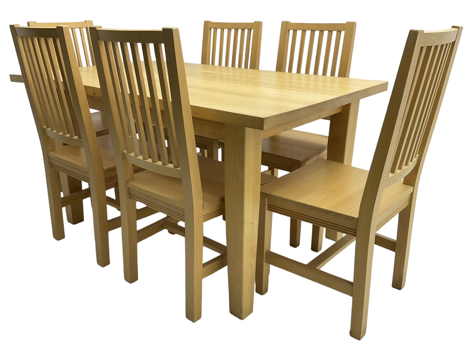 Solid beech rectangular dining table (89cm x 135cm - 160cm, H77cm), and a set of five beech dining chairs