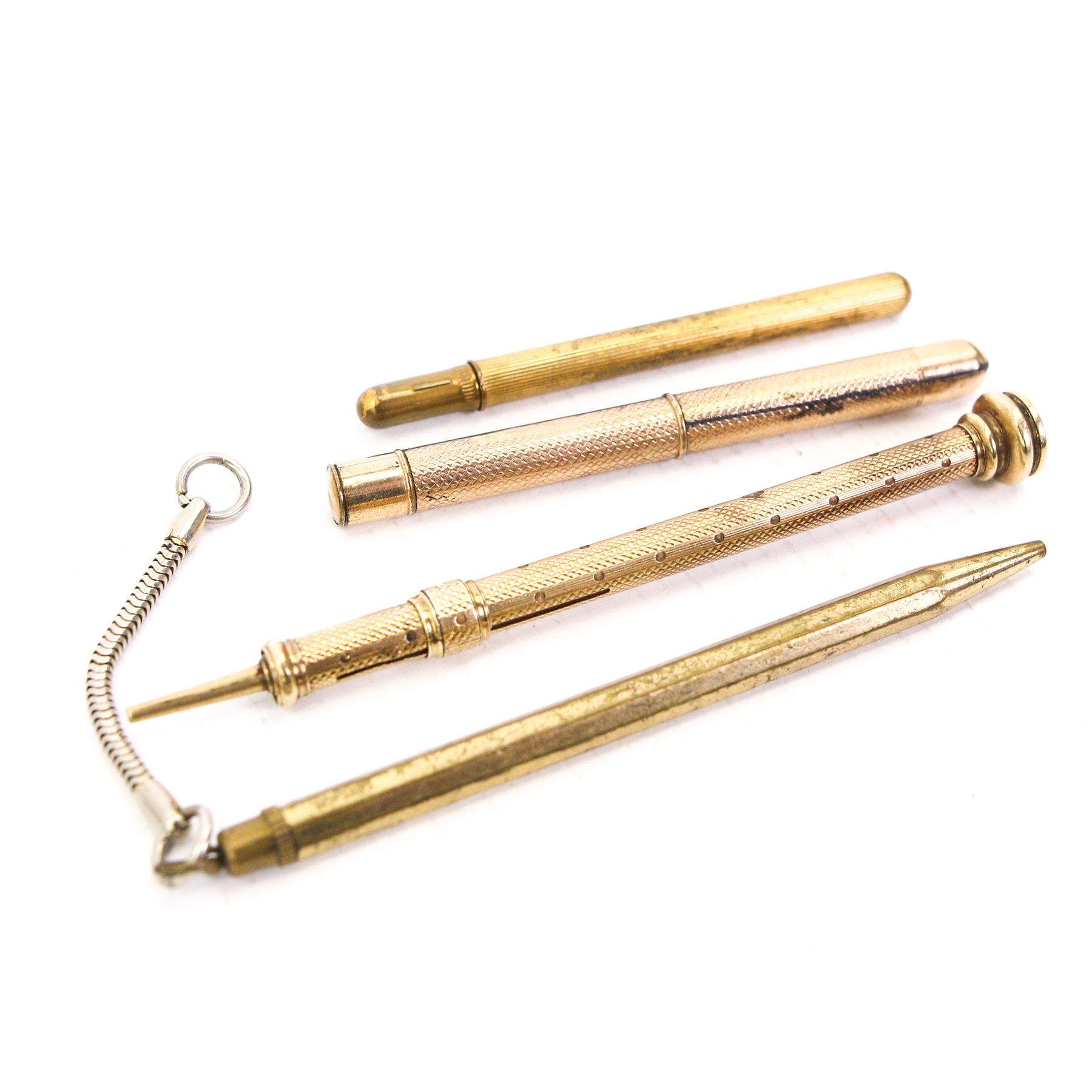 Early 20th century and later propelling pencils and accessories to include a Sterling silver pencil with barley twist stem, gold plated pencil with agate terminal, intaglio engraved with a large cat and various others 