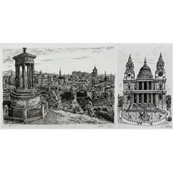 Stephen Wiltshire (British 1974-): 'St Pauls Cathedral' and 'View of Edinburgh from Calton Hill', two framed prints max 37cm x 27cm (2)