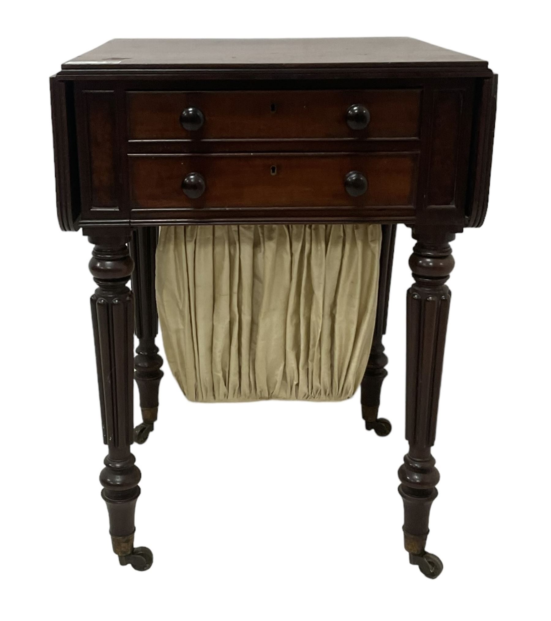 19th century mahogany drop-leaf work table, rectangular top with rounded corners, fitted with two cock-beaded drawers over pleated silk storage well, with matching opposing faux drawers, on turned and lobe moulded supports on castors