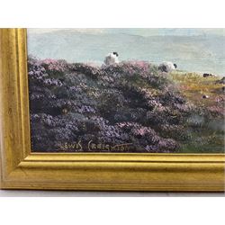 Lewis Creighton (British 1918-1996): Sheep Grazing Amongst Heather Moorland, pair oils on board signed 27cm x 64cm (2)