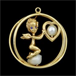 Gold cultured white / pink pearl cherub with heart pendant, probably by Cyvra for M. Hime