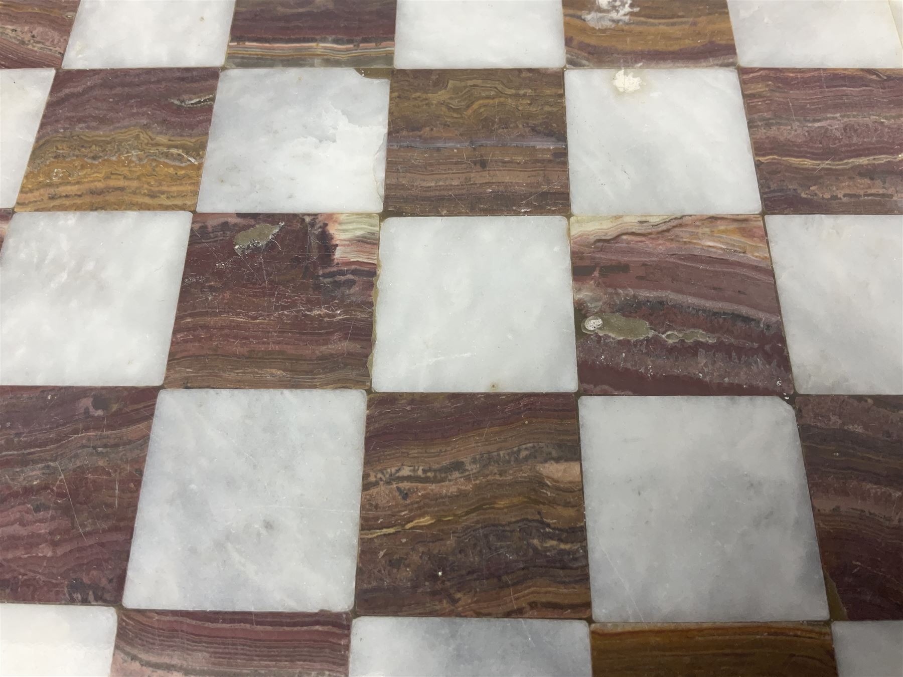 Marble chess board, the board having pink and white marble squares, W31cm