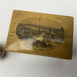 Mauchline ware box decorated with a view of 'Suspension and Tubular Bridges', and a bobbin case decorated with a view of 'St Tudnos Church. Llandudno', (2)