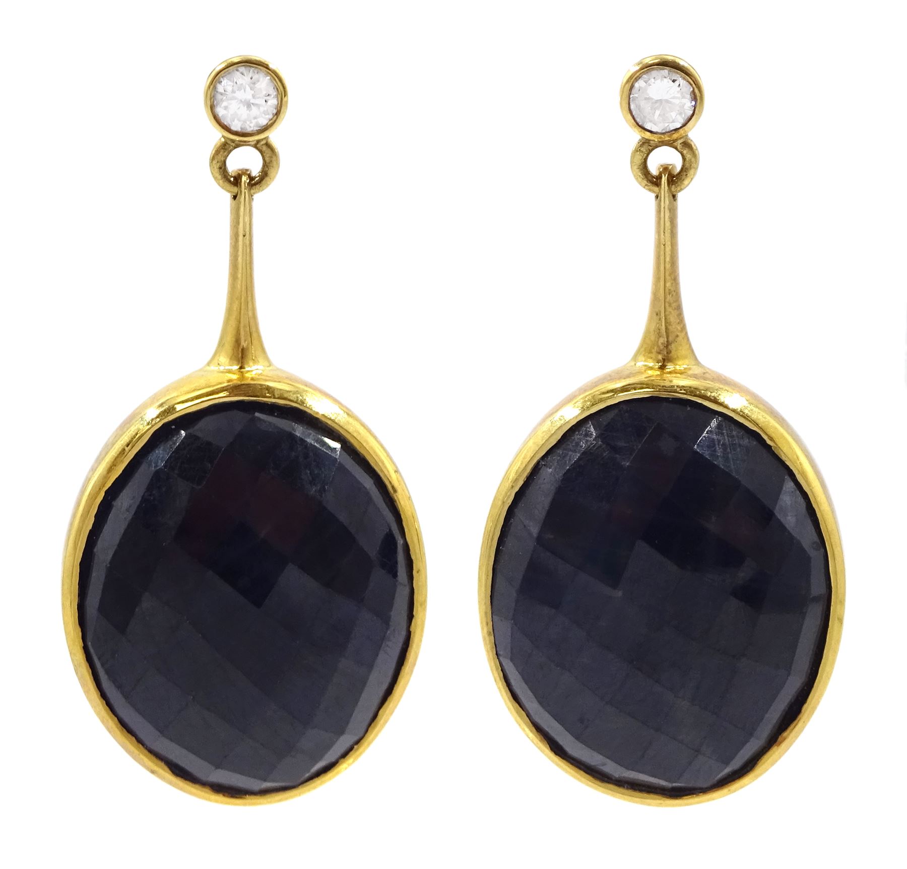 Pair of 18ct gold oval cut sapphire and round brilliant cut diamond pendant stud earrings, hallmarked, total sapphire weight approx 43.85 carat