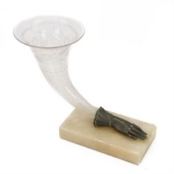 Victorian etched glass cornucopia vase, on hardstone plinth with gloved hand mount, H18cm