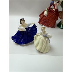 Five Royal Doulton figures, including Ruth, Autumn Breeze, Elaine, together with two Royal Doulton character jugs and Beswick character jug 