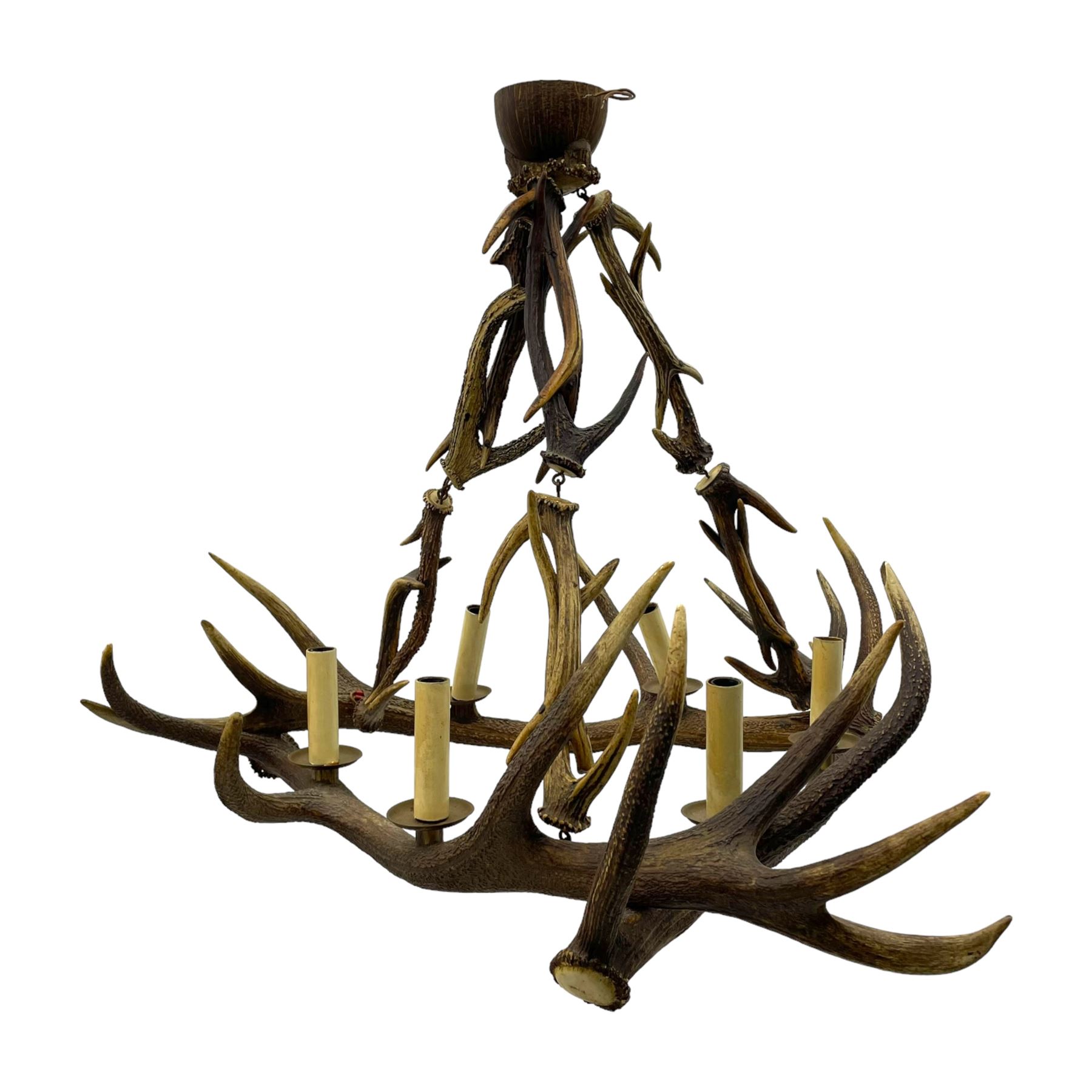 Deer antler chandelier, of square shaped form, with six fitted lights, W80cm, H62cm