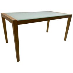 Contemporary beech framed dining table, rectangular frosted glass top on beech frame, square tapering supports