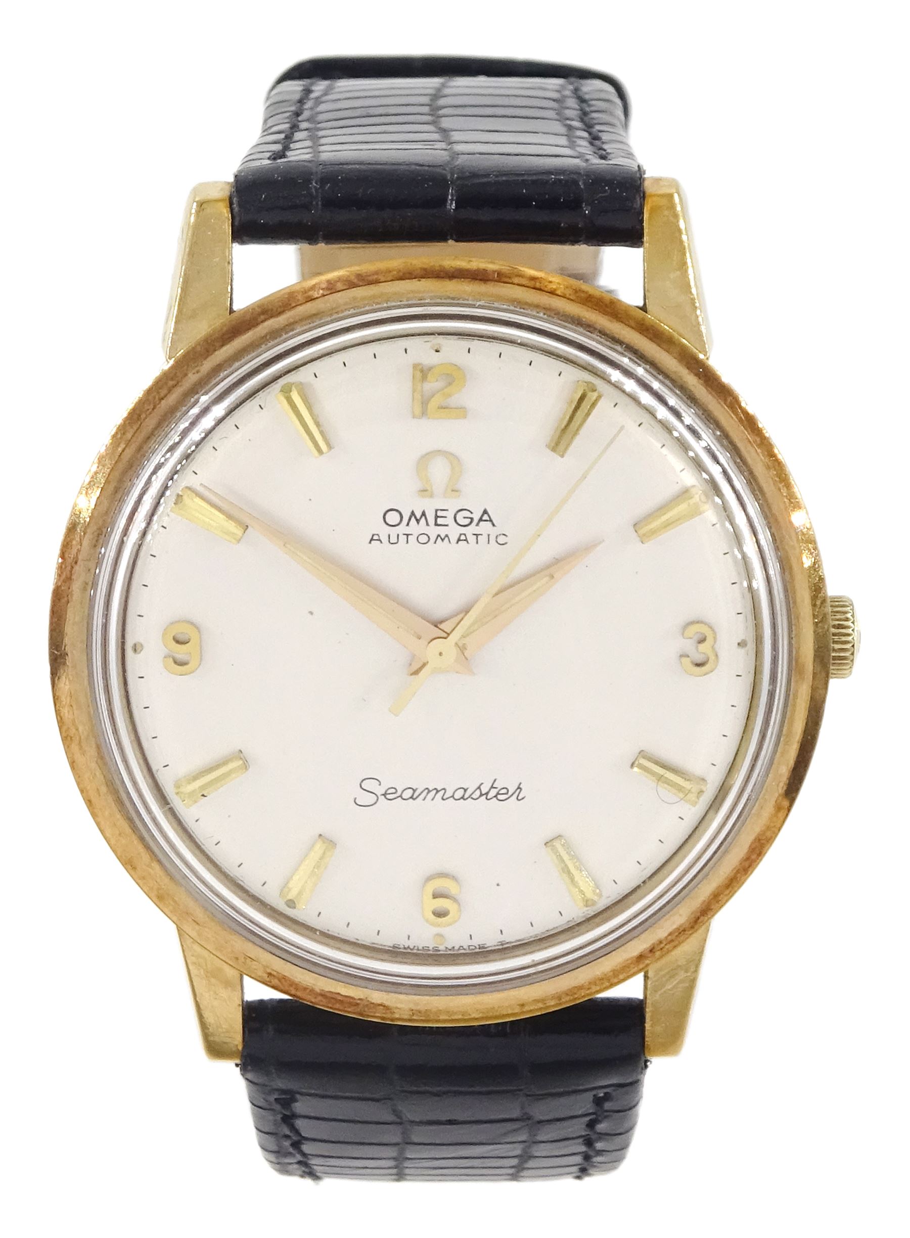 Omega Seamaster gentleman's 9ct gold automatic wristwatch, Ref. 165/6-5003, Cal. 552, serial No. 24735020, silvered dial with Arabic and baton hour markers, Birmingham 1966, on black leather strap