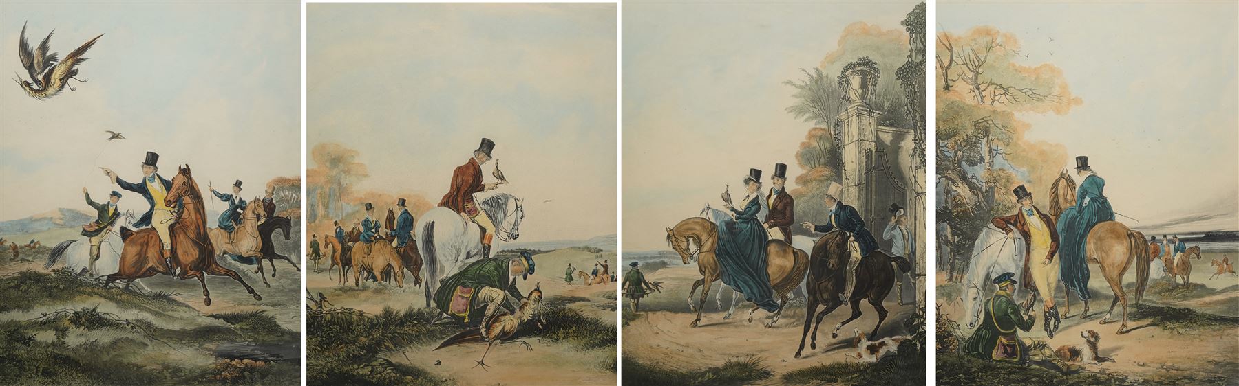 After Francis Calcraft Turner (British 1746-1846): 'Hawking' - 'Departure' 'Rendezvous' 'Fatal Stoop' and 'Disgorging', set four 19th century hand-coloured engravings by R G Reeve, pub. by I W Laird, London 1837-1839, 52cm x 43cm (4)