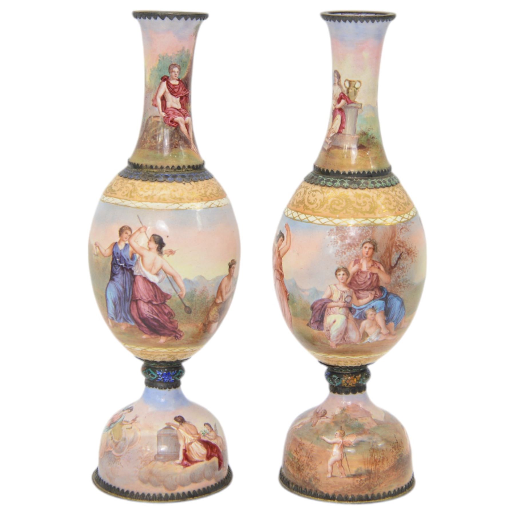 Pair of late 19th century Austrian silver and enamel vases by Hermann Böhm, of baluster form, overall decorated the top depicting musical scenes and oratory with reclining figures in togas, the ovoid bodies painted with Dithyramb scenes portraying Dionysiac worshippers playing the cymbals, pan pipes and lyre, with a dancing Maenad bearing a Thyrsus beside, and surrounding figures consuming wine, the domed pedestal feet depicting the Greek gods observing from the clouds with Putti, and recovering a lost statue from ploughed fields, within foliate silver mounts, marked A for Vienna and maker's mark HB, H21cm (2)