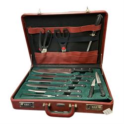 Cased Bachmayr Solingen kitchen knife set with steak knives and forks, cleaver, scissors etc