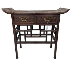 Chinese design bamboo and wood altar side table, parquetry lattice-work bamboo, fitted with two drawers over geometric rails