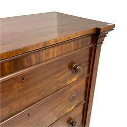 Victorian mahogany straight fronted chest, fitted with four drawers enclosing by square upright pilasters, on stepped chamfered plinth base