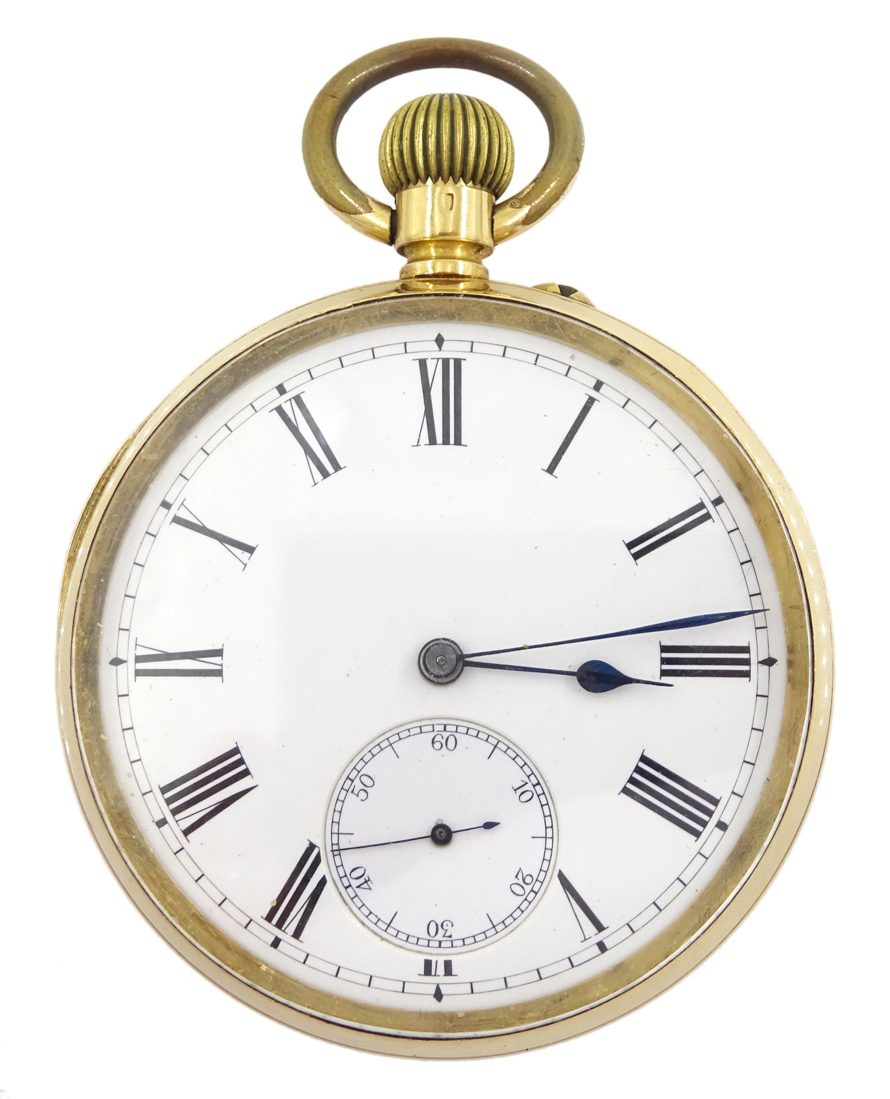 Early 20th century 18ct gold keyless Swiss lever presentation pocket watch, white enamel dial with Roman numerals and subsidiary seconds dial, case stamped 18K with Helvetia hallmark, back case engraved 'Major T.W. Urquhart-Peat D.S.O.  M.C 1st Batt. Cameron Highlanders 1913-1937'