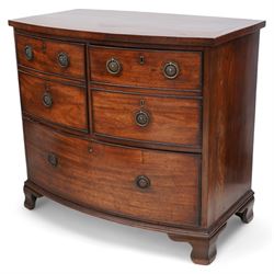 George III mahogany bow-fronted wine chest, banded top over two short and single long drawer, the two short drawers with baize lining and divisions, on ogee bracket feet 