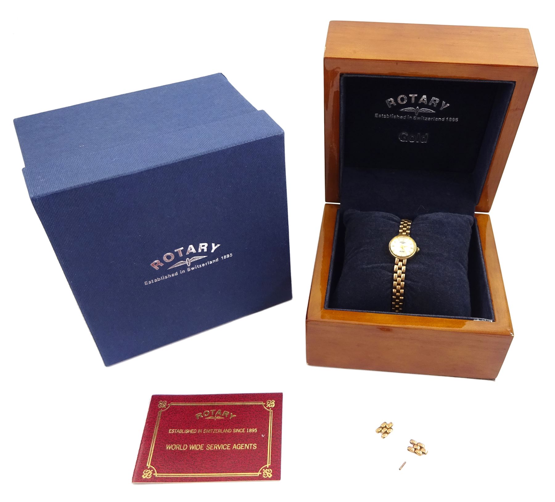 Rotary Elite ladies 9ct gold quartz wristwatch, on integral 9ct gold bracelet, boxed with papers