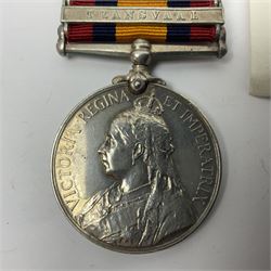 Victoria Queens South Africa Medal with Transvaal, South Africa 1901 and South Africa 1902 clasps awarded to 6769 Pte. D. Leak Liverpool Regiment; with replacement ribbon.