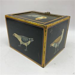 Small wooden collectors chest, painted to each side with birds upon a black ground within red and yellow borders, opening to reveal a compartmentalised interior containing one long drawer above two smaller drawers, H13cm, W18cm, D14.5cm