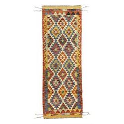 Chobi Kilim runner, cream ground with a multicoloured lattice of repeating diamond motifs,...