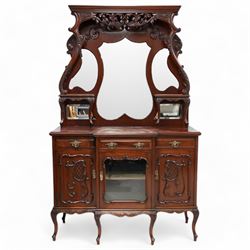 Late Victorian mahogany Empire cabinet, raised mirror back with scrolling acanthus leaf pe...