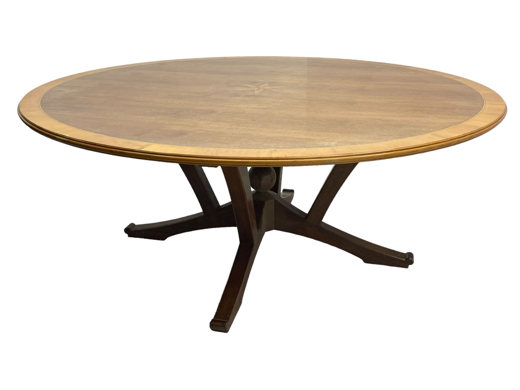 Senior & Carmichael, Betchworth - Georgian design walnut centre table, the circular moulded top with satinwood band and central star inlay, quadriform base with central orb and applied makers plaque, raised on splayed supports