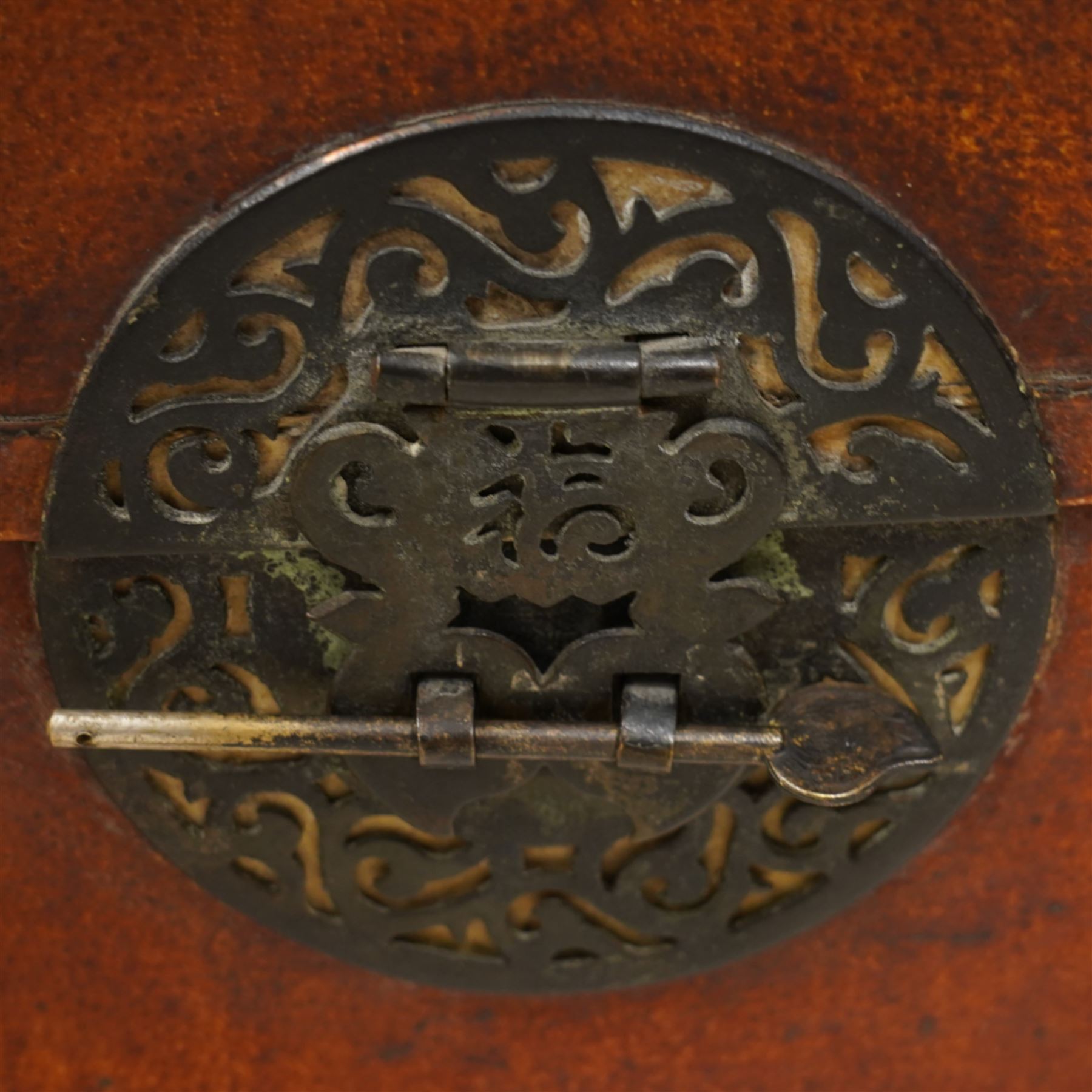 18th century pony skin and metal bound dome top trunk, fitted with iron carrying handles (W70cm, H35cm, D33cm); together with a rectangular Chinese trunk (W77cm, H32cm, D47cm)