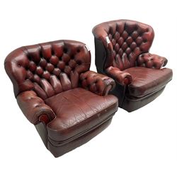 Wade - pair of Georgian design armchairs, high curved back and scrolled arms upholstered in deep buttoned oxblood 'Pegasus' leather, on castors