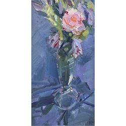 Don McKinlay (British 1929-2017): Still Life of Pink Rose, oil on board signed with initials 36cm x 18cm