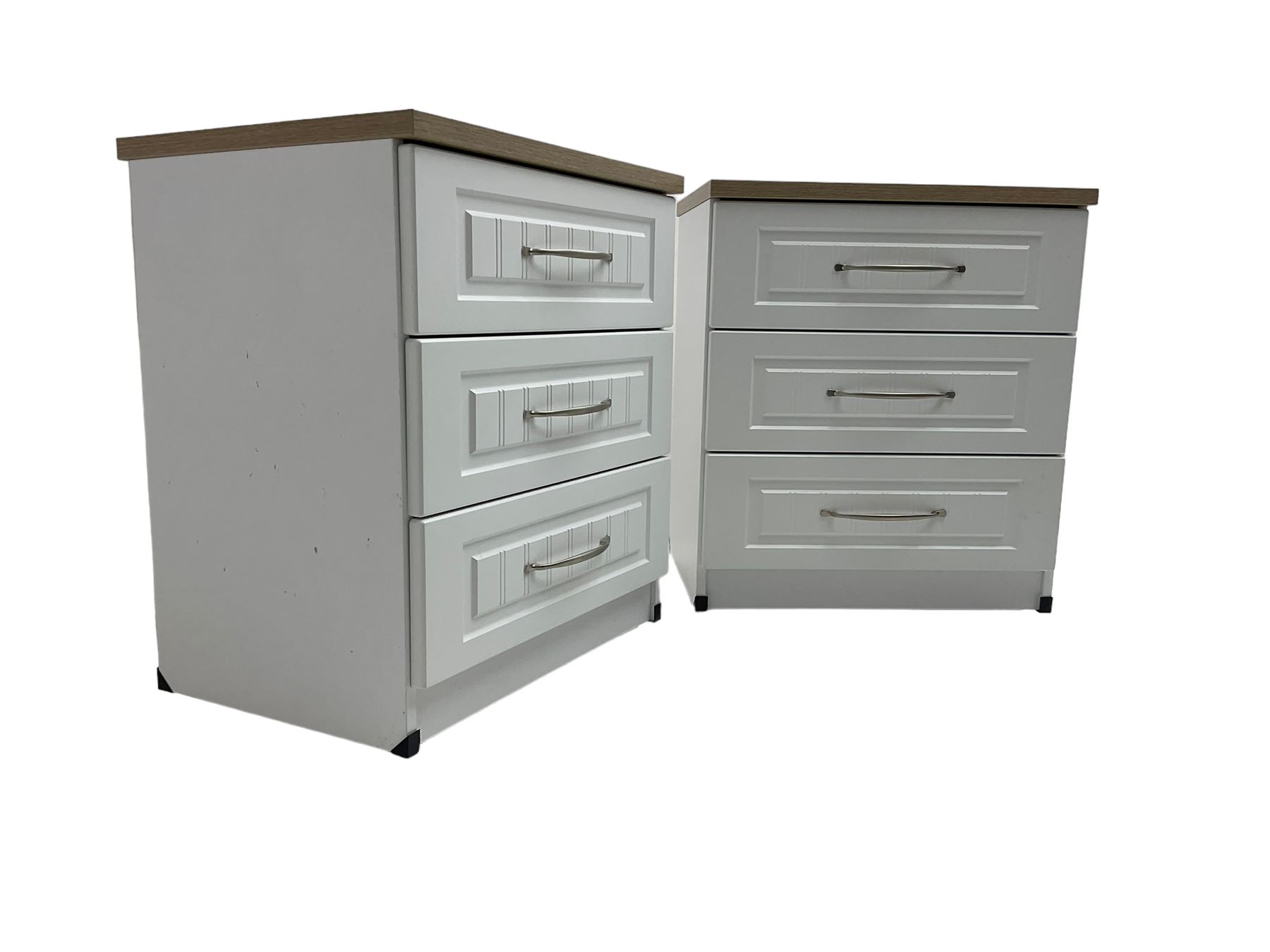 Pair of large oak and white finish three drawer bedside chests