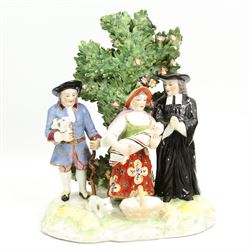 Early 19th century Staffordshire figure modelled as a shepherdess and lamb before a bocage, H17cm, Staffordshire dairy maid, Rebecca at the Well and another, together with a 19th century Samson poodle in the Chelsea style and Samson porcelain model of the Tythe Pig group (6)