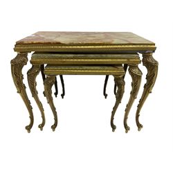 Mid-20th century Italian design onyx and gilt metal nest of three tables, rectangular tops raised on foliate decorated cabriole supports