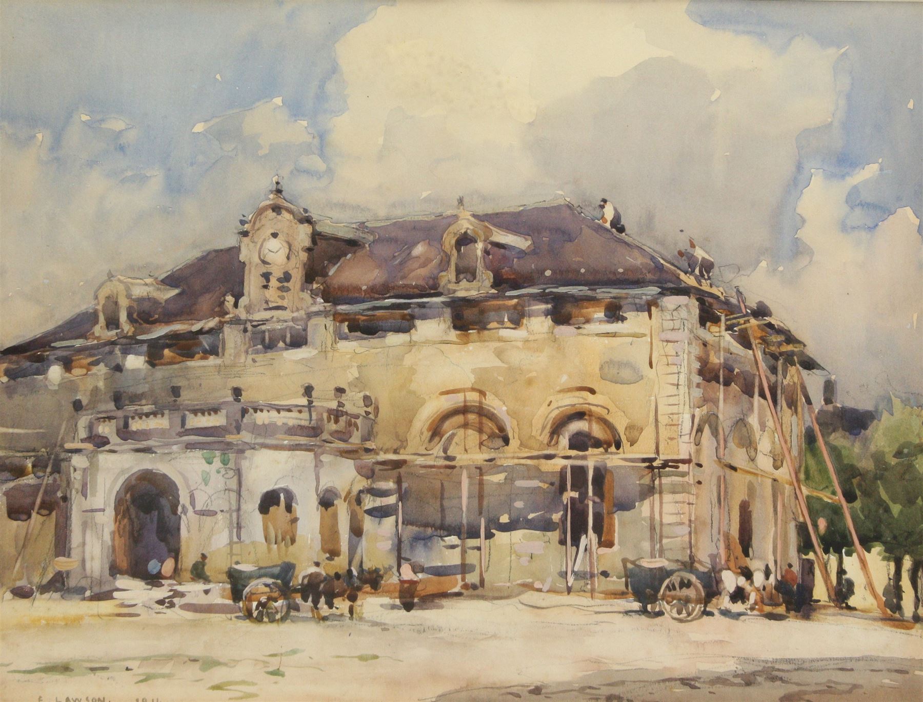 Frederick (Fred) Lawson (British 1888-1968): Horse and Cart Outside Train Station, watercolour signed and dated 1914, 27cm x 36cm