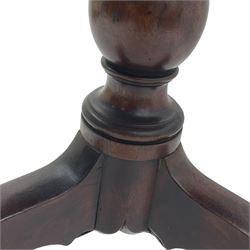 19th century mahogany tripod table, circular tilt-top on vasiform pedestal with three splayed supports 